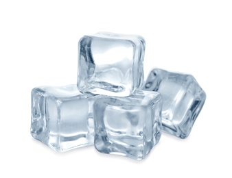 Photo of Pile of crystal clear ice cubes on white background