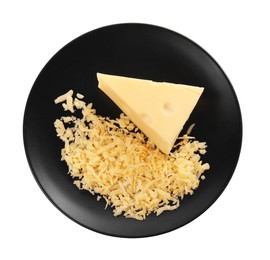 Grated cheese and piece of one isolated on white, top view
