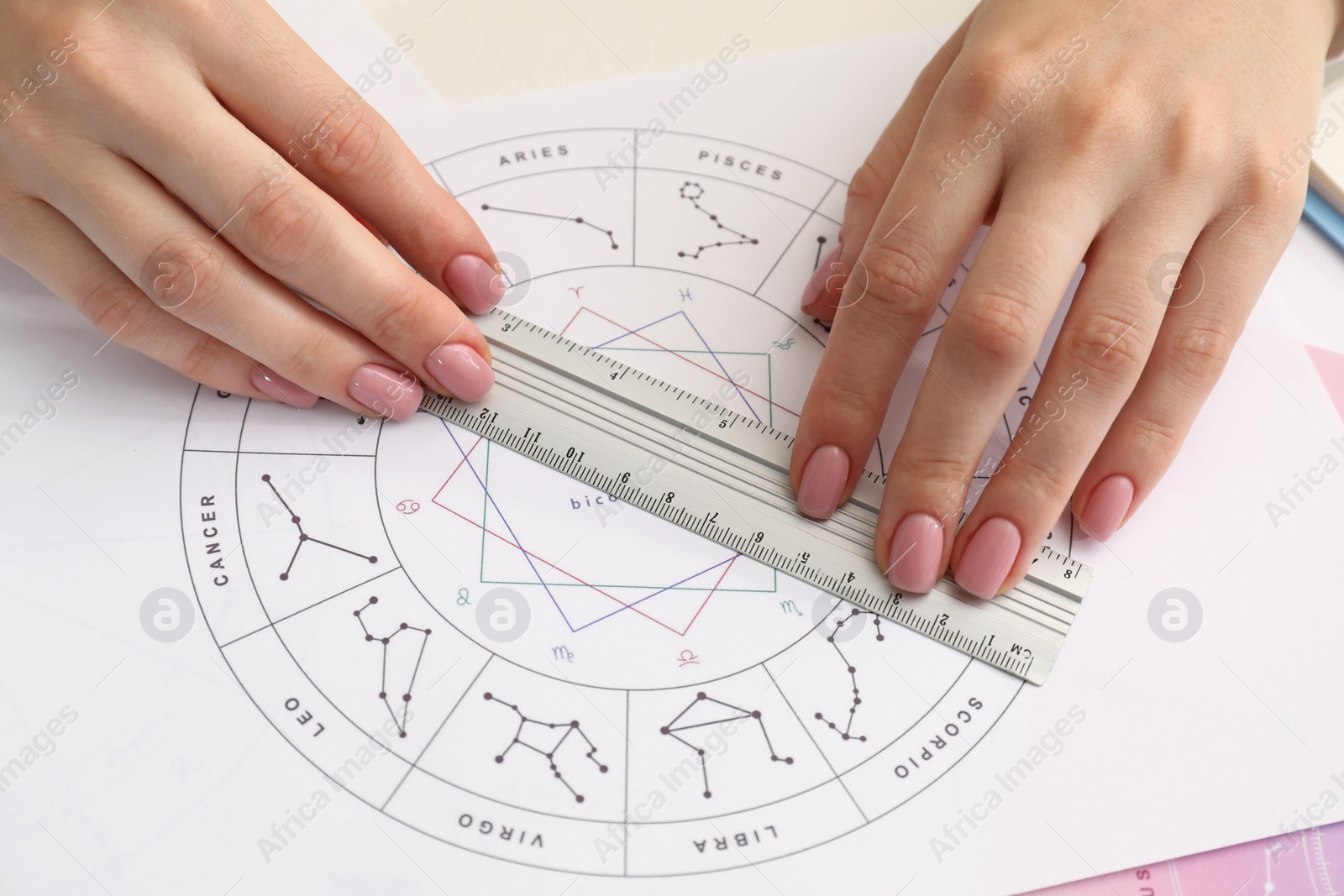 Photo of Astrologer using zodiac wheel for fate forecast at table, closeup. Fortune telling