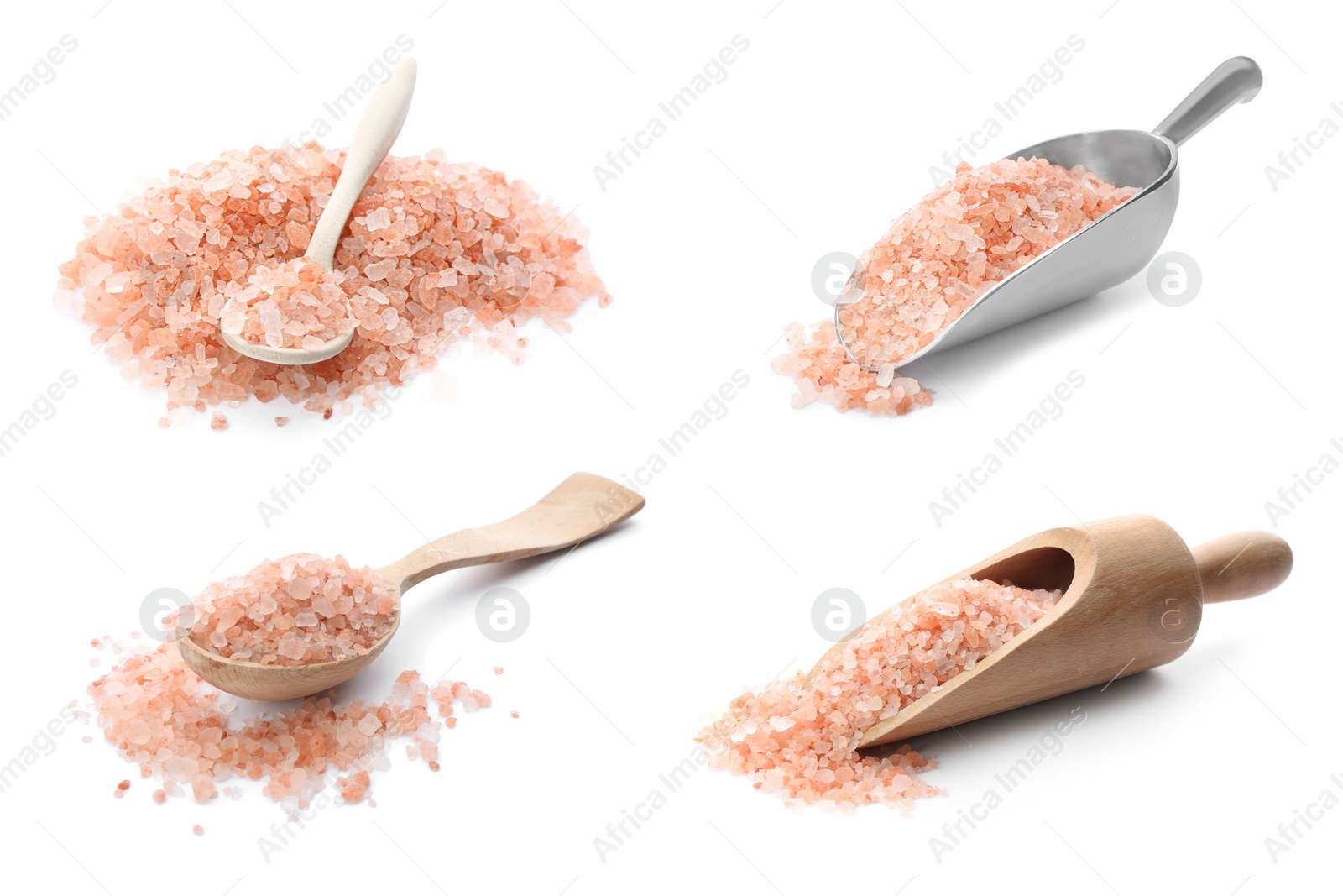 Image of Set with pink himalayan salt on white background