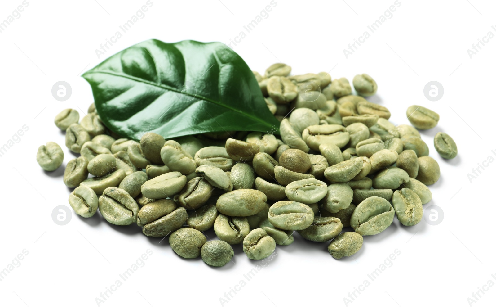 Photo of Pile of green coffee beans and leaf on white background