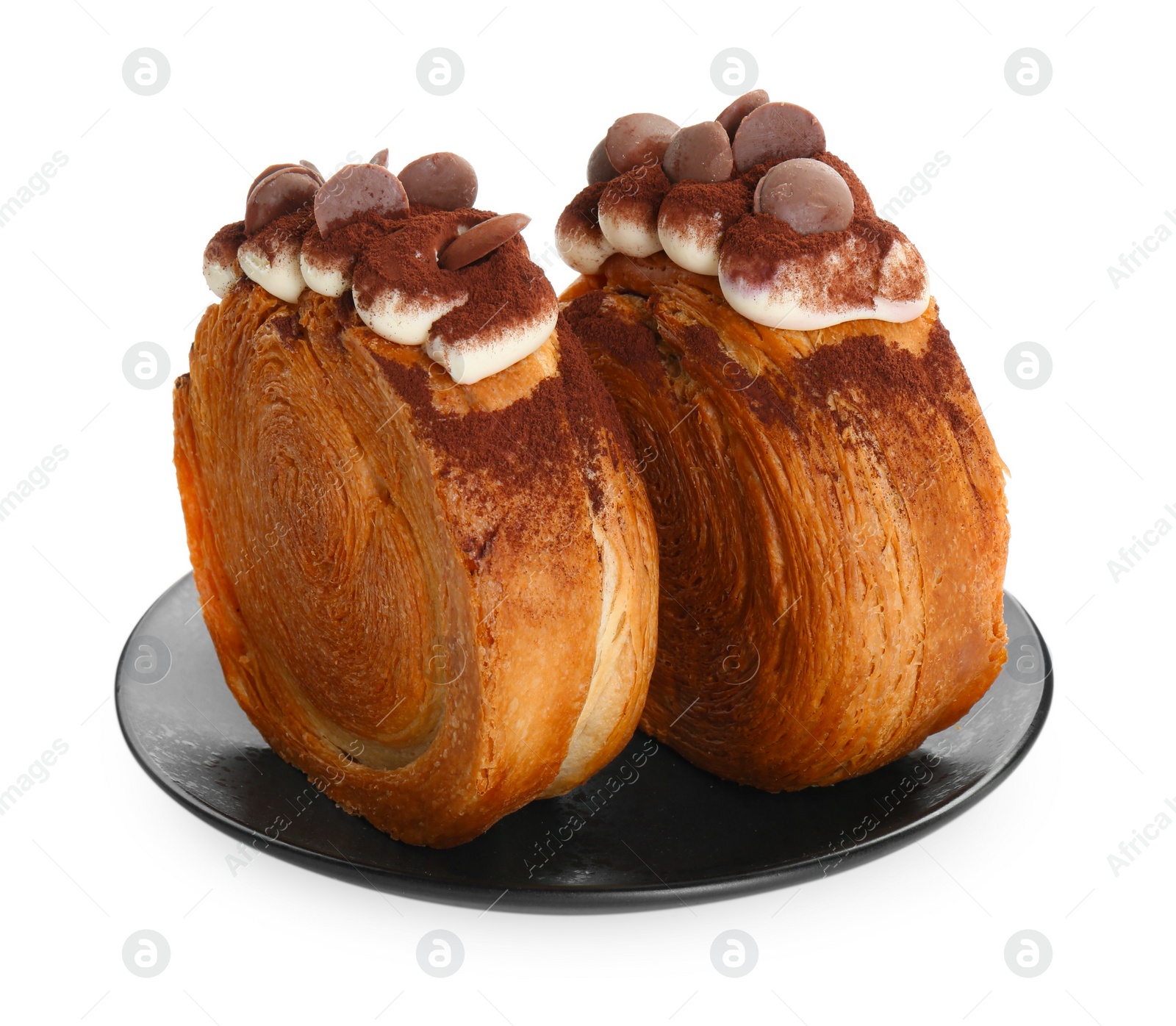 Photo of Round croissants with chocolate chips and cream isolated on white. Tasty puff pastry