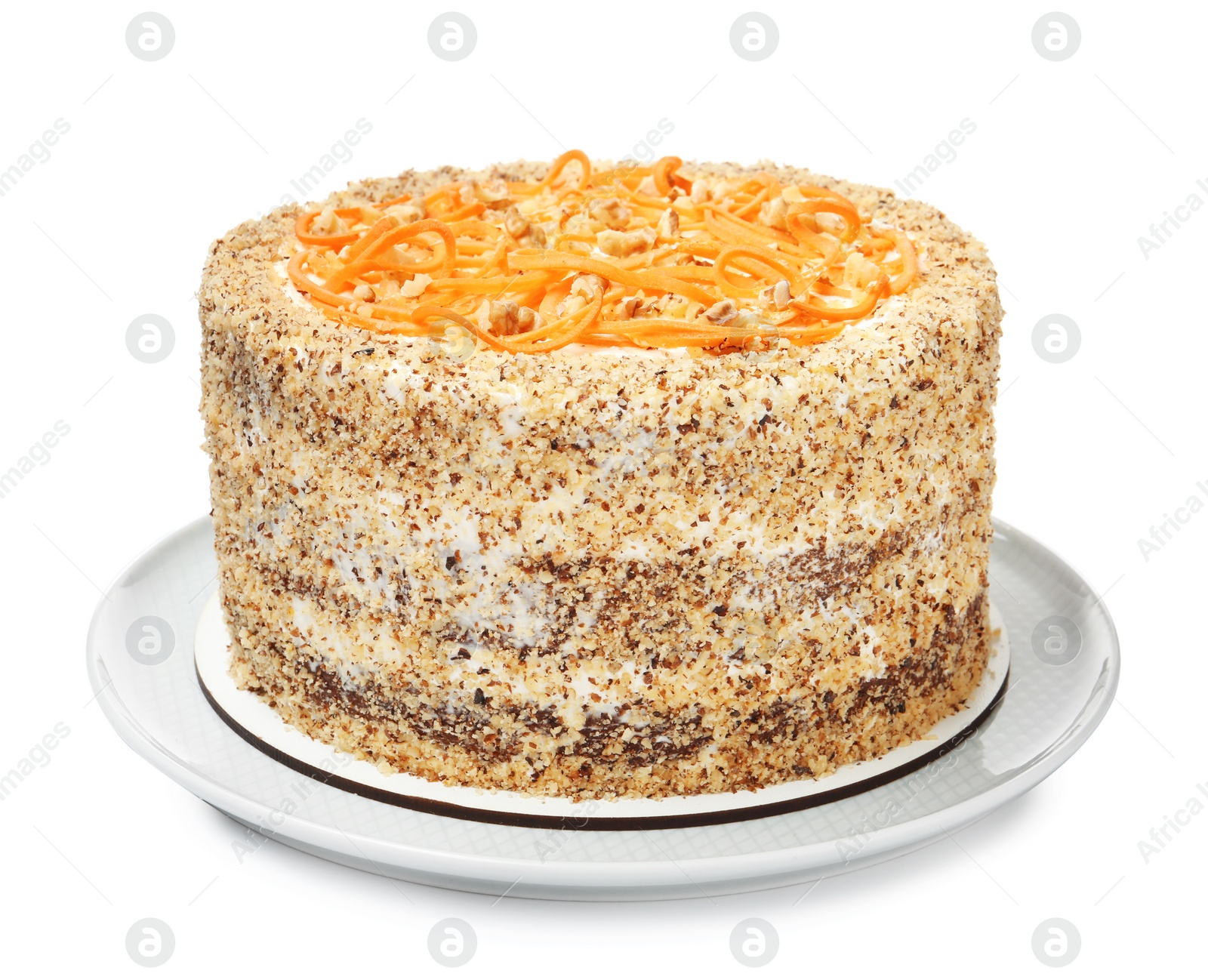 Photo of Dish with delicious carrot cake on white background