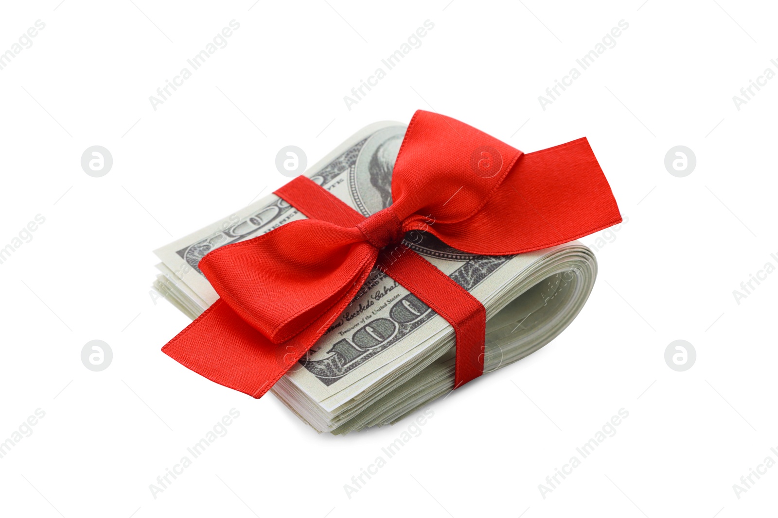 Photo of Dollar banknotes with red ribbon isolated on white