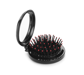 Photo of Round folding hair brush with mirror isolated on white