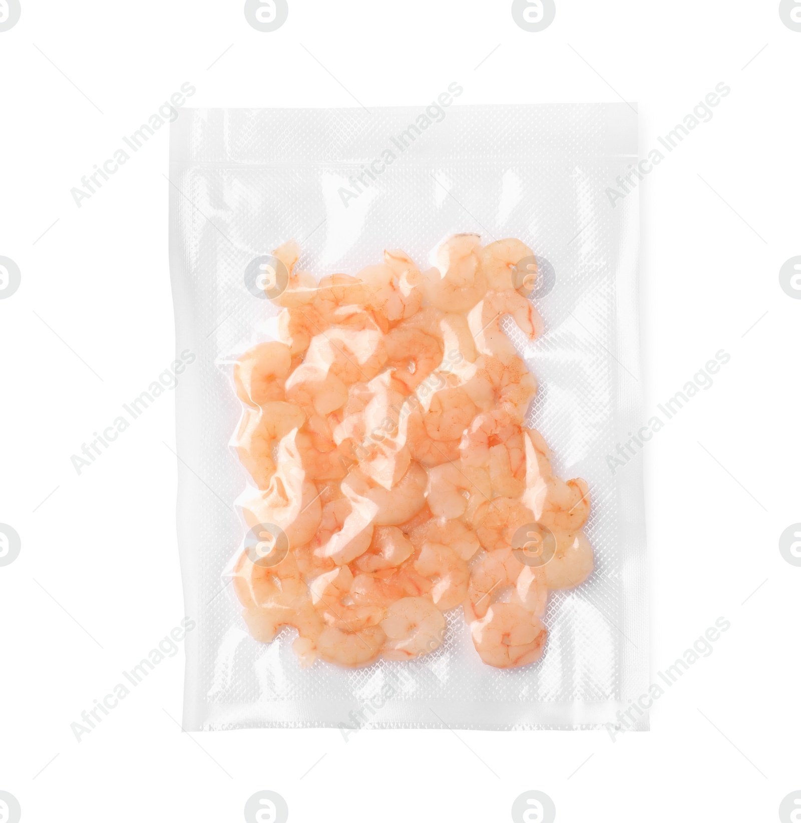 Photo of Shrimps in vacuum pack on white background, top view