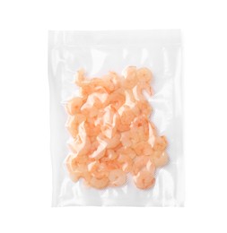 Photo of Shrimps in vacuum pack on white background, top view