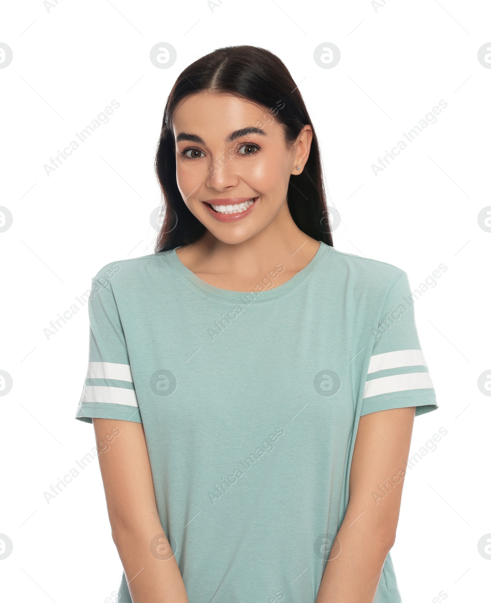 Photo of Embarrassed young woman in shirt on white background