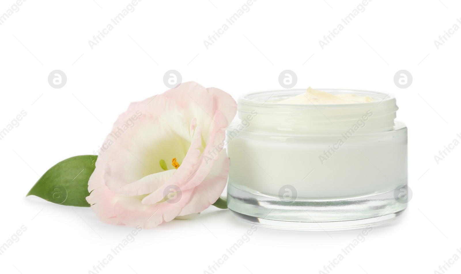 Photo of Jar with cream and flower on white background. Hand care cosmetics