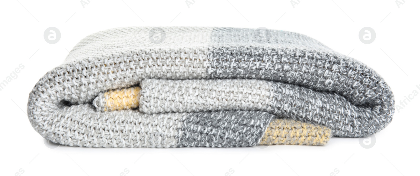 Photo of Stylish grey knitted plaid on white background