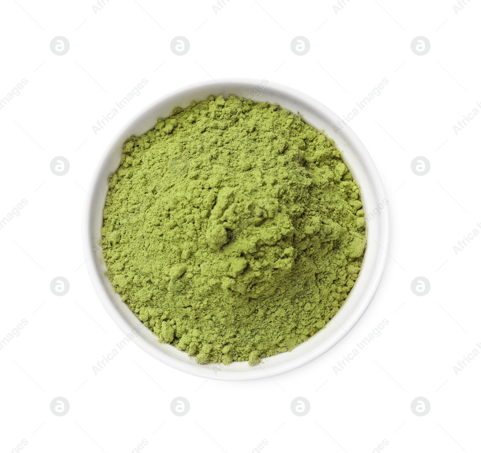 Photo of Henna powder in bowl isolated on white, top view