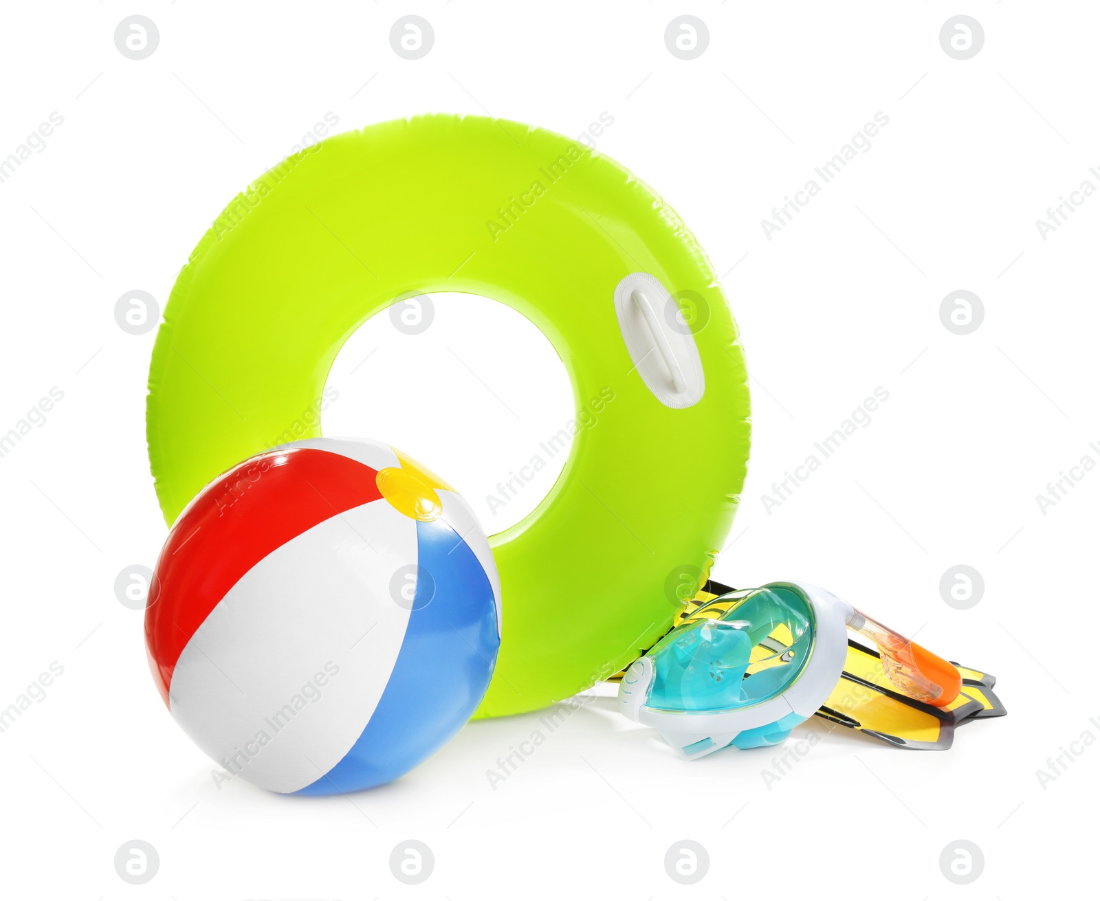 Photo of Set of bright beach accessories on white background