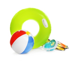 Photo of Set of bright beach accessories on white background