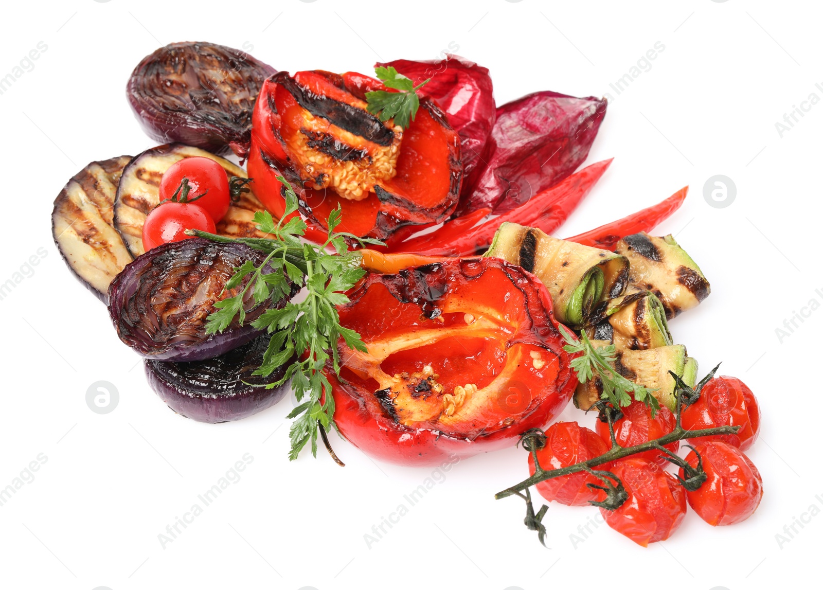 Photo of Different delicious grilled vegetables isolated on white