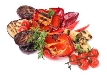 Different delicious grilled vegetables isolated on white