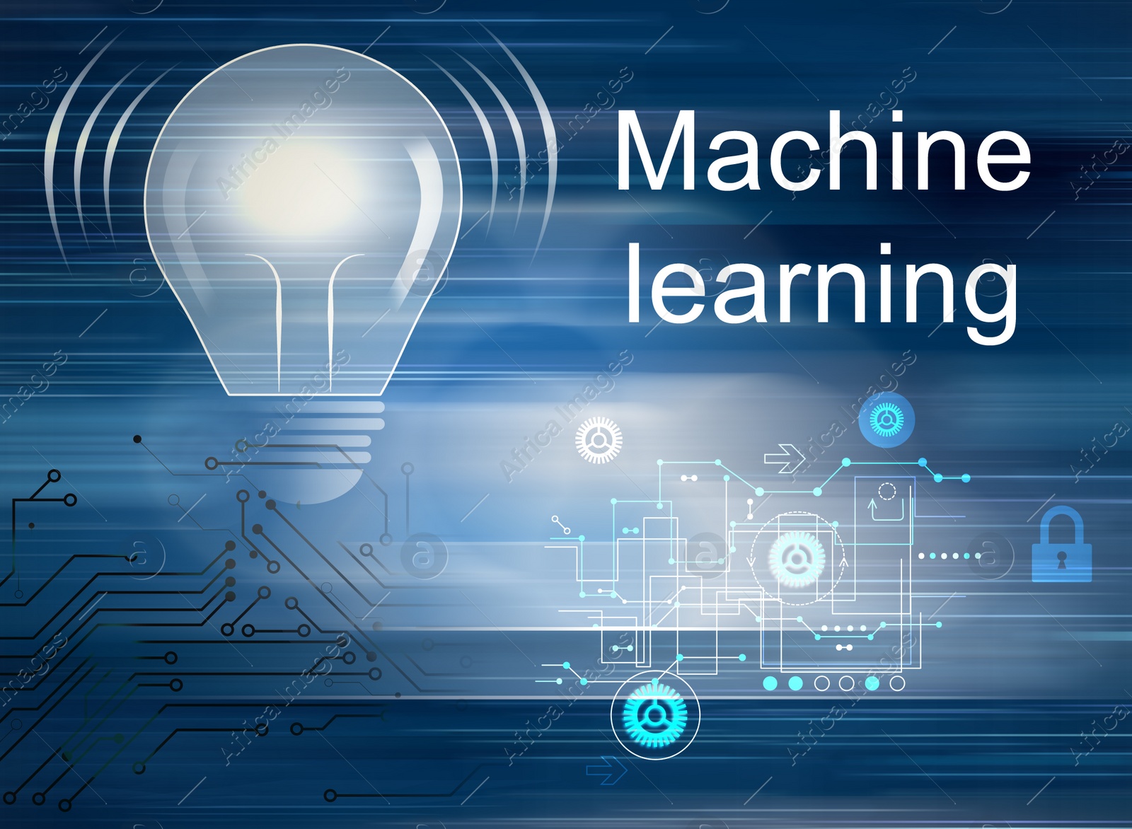 Image of Machine learning concept. Illustration of light bulb, scheme and circuit board pattern