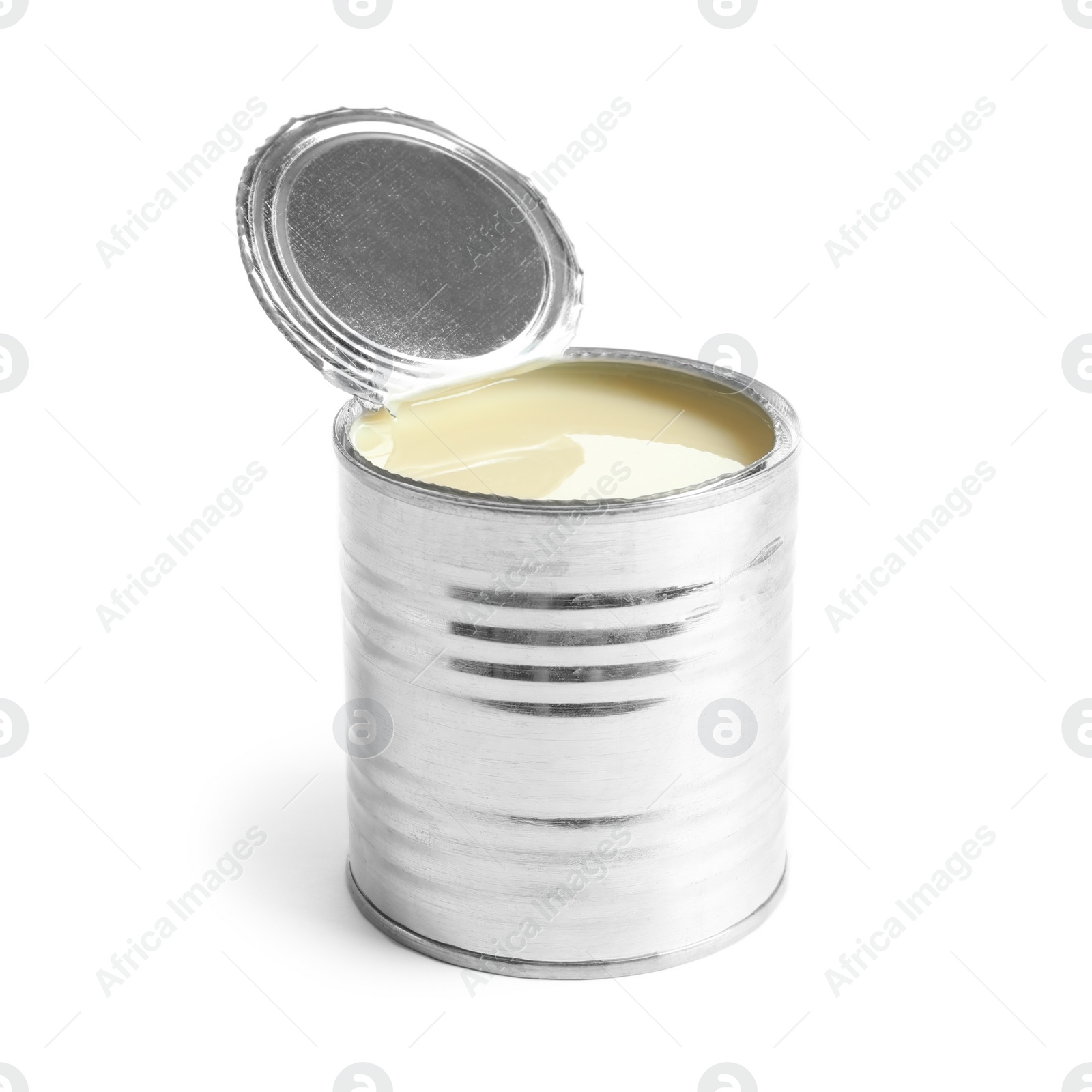 Photo of Tin can with condensed milk on white background. Dairy product