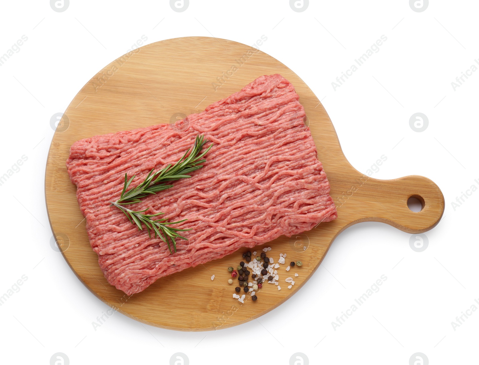 Photo of Raw fresh minced meat with rosemary isolated on white, top view