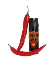 Image of Bottle of gas pepper spray and fresh chili peppers on white background