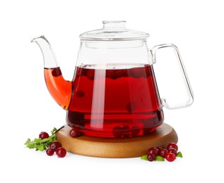 Photo of Delicious cranberry tea in teapot and berries isolated on white
