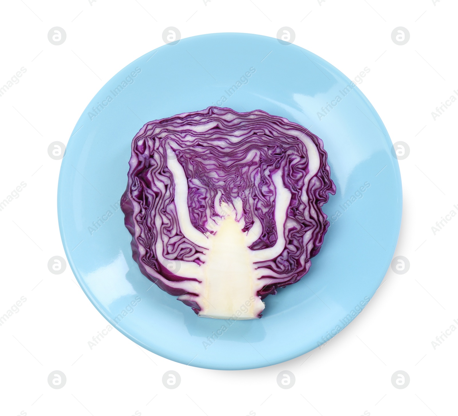 Photo of Plate with radicchio fresh cabbage on white background, top view