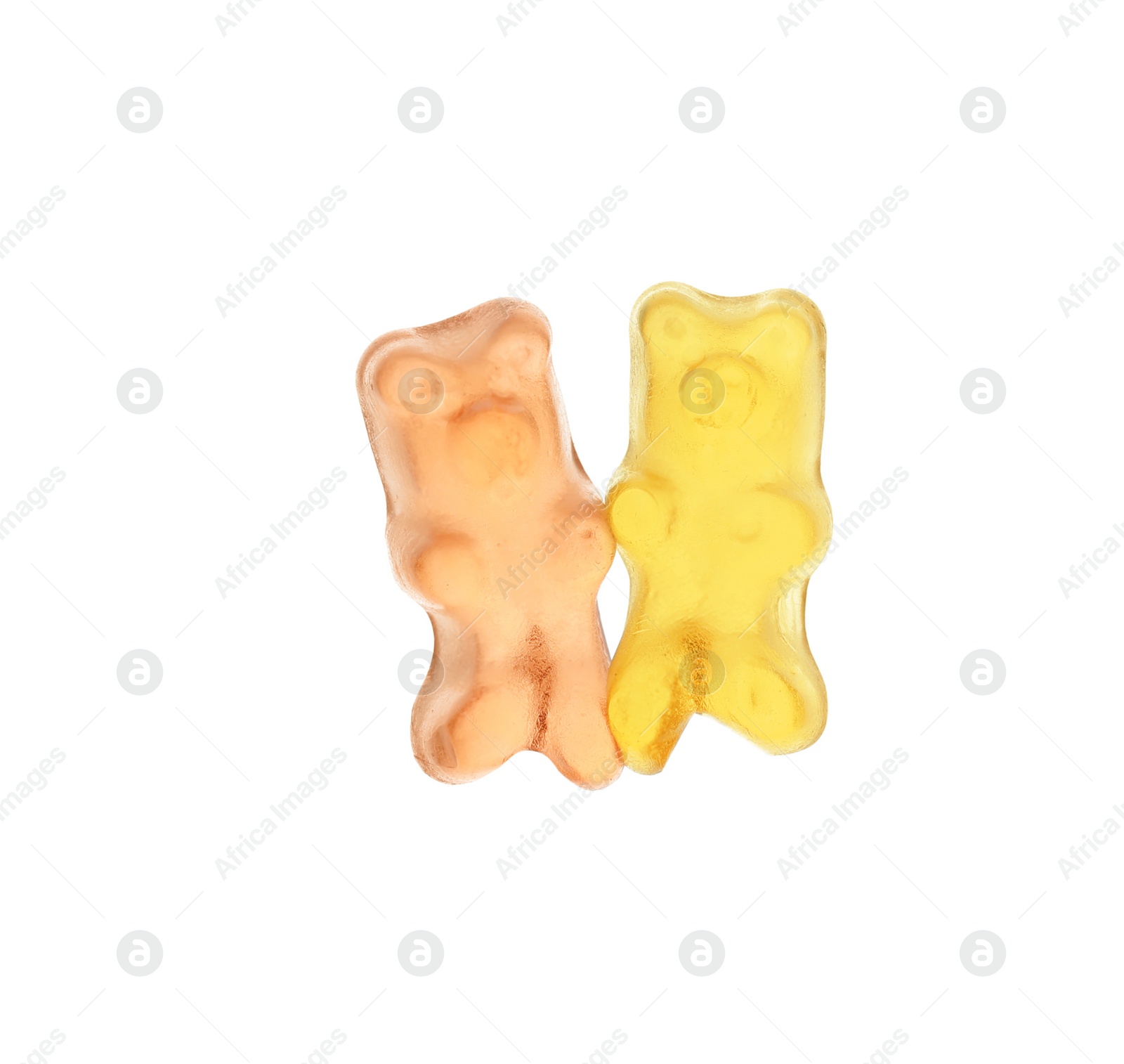 Photo of Delicious colorful jelly bears on white background