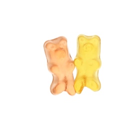 Photo of Delicious colorful jelly bears on white background