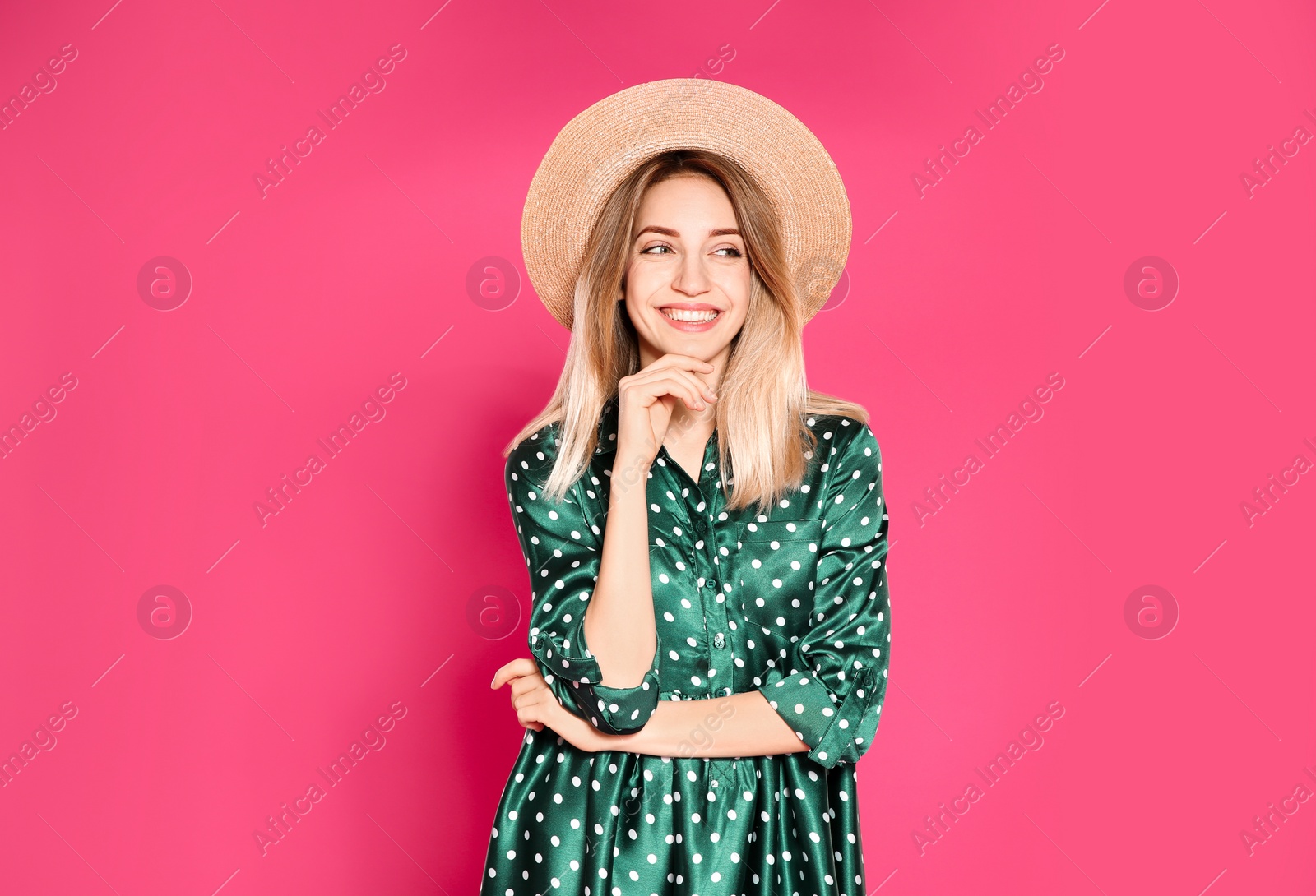 Photo of Portrait of pretty woman on color background