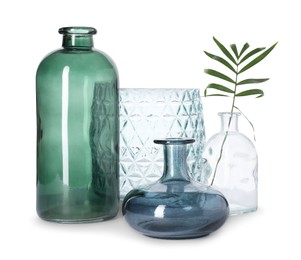Photo of Many different stylish vases on white background