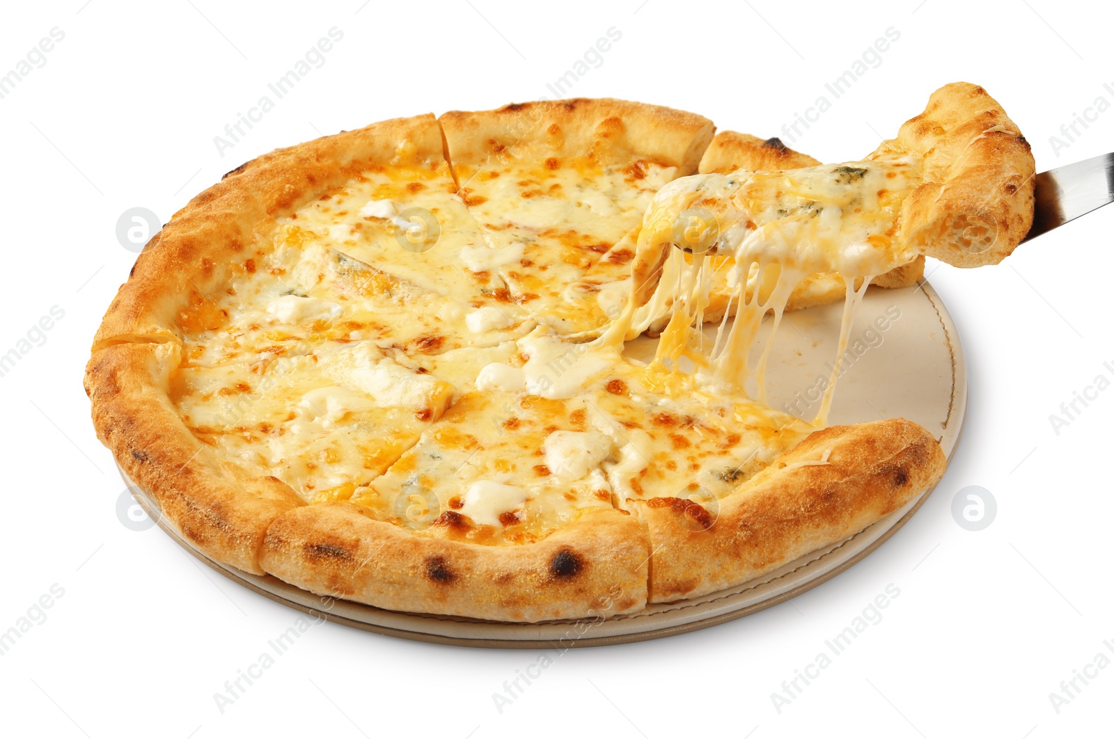 Photo of Taking piece of delicious cheese pizza on white background