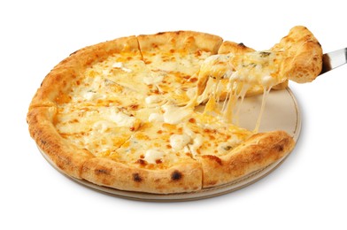 Taking piece of delicious cheese pizza on white background