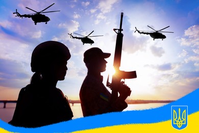 Image of Stop war in Ukraine. Silhouettes of soldiers and military helicopters outdoors. Ukrainian flag and Trizub