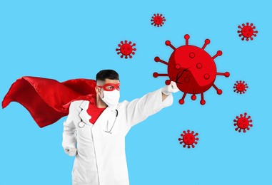 Image of Doctor wearing face mask and superhero costume fighting against viruses on light blue background