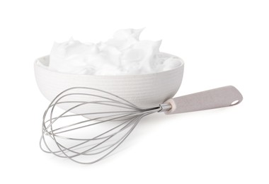 Bowl with whipped cream and whisk isolated on white