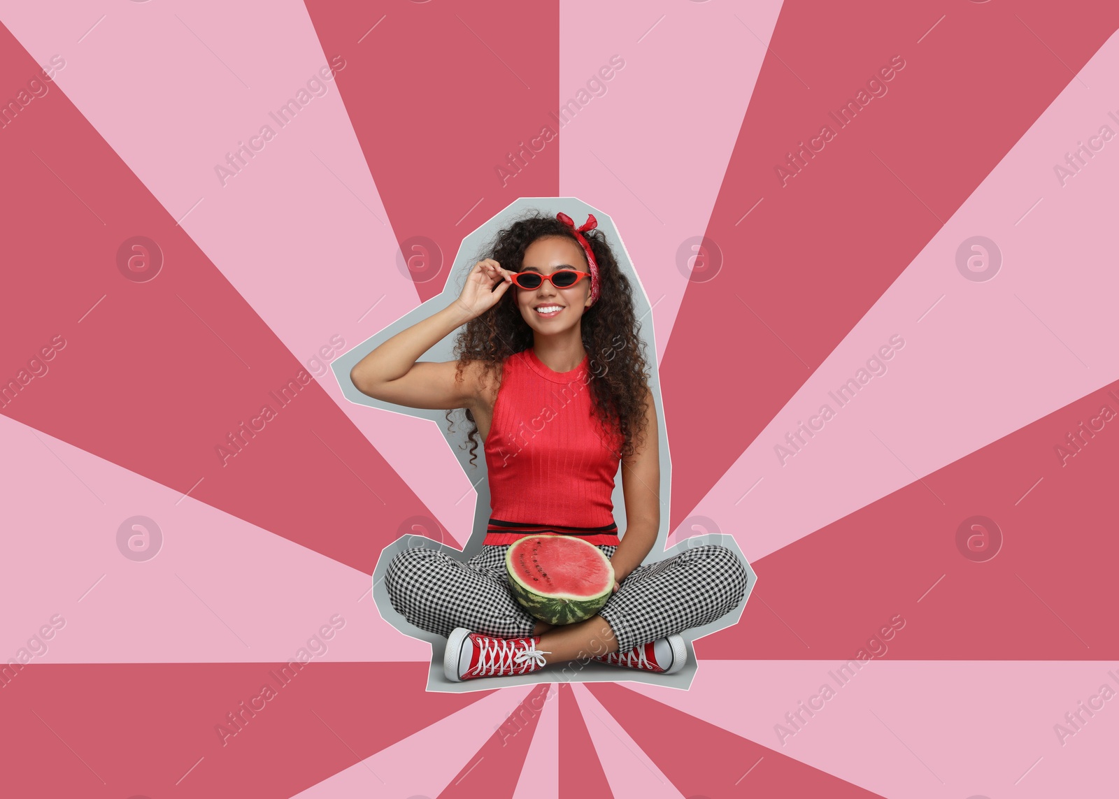 Image of Pop art poster. Beautiful young woman with half of watermelon on striped background, pin up style