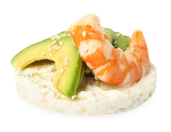 Photo of Puffed rice cake with shrimp and avocado isolated on white