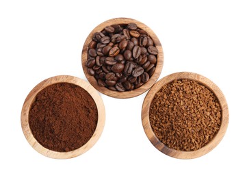 Photo of Bowls of beans, instant and ground coffee on white background, top view