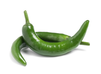 Green hot chili peppers on white background