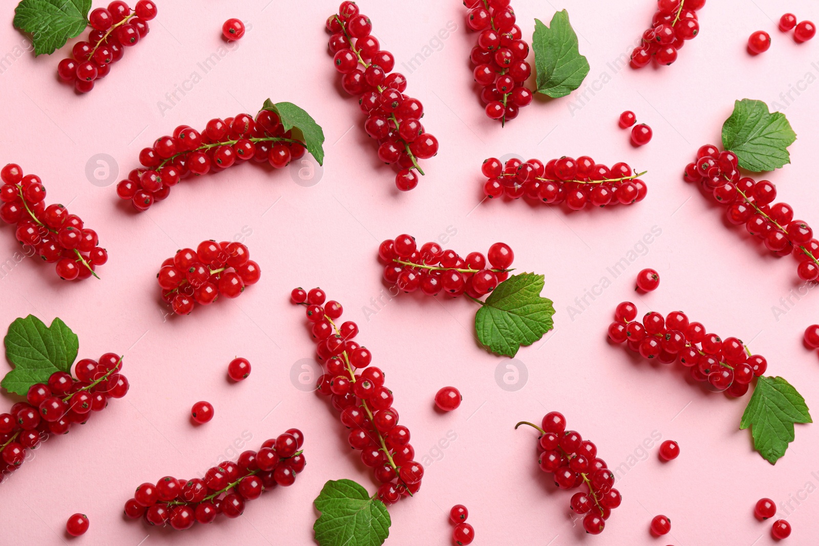 Photo of Delicious red currants and leaves on pink background, flat lay