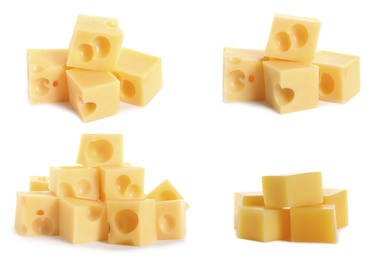 Set of delicious cheese cubes on white background