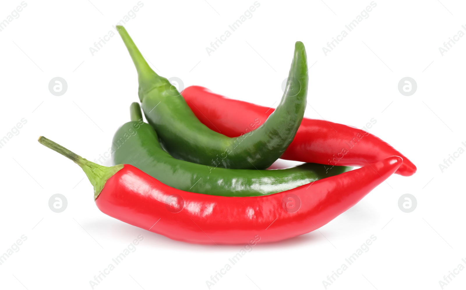 Photo of Ripe hot chili peppers on white background