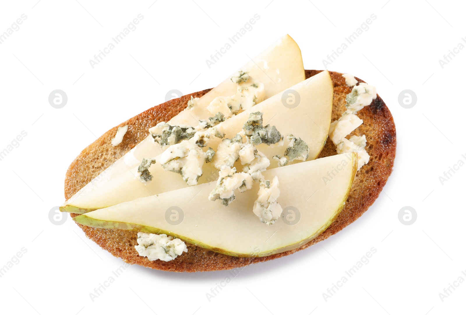 Photo of Tasty bruschetta with pear and cheese on white background, top view