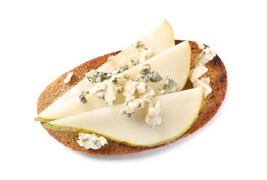 Photo of Tasty bruschetta with pear and cheese on white background, top view