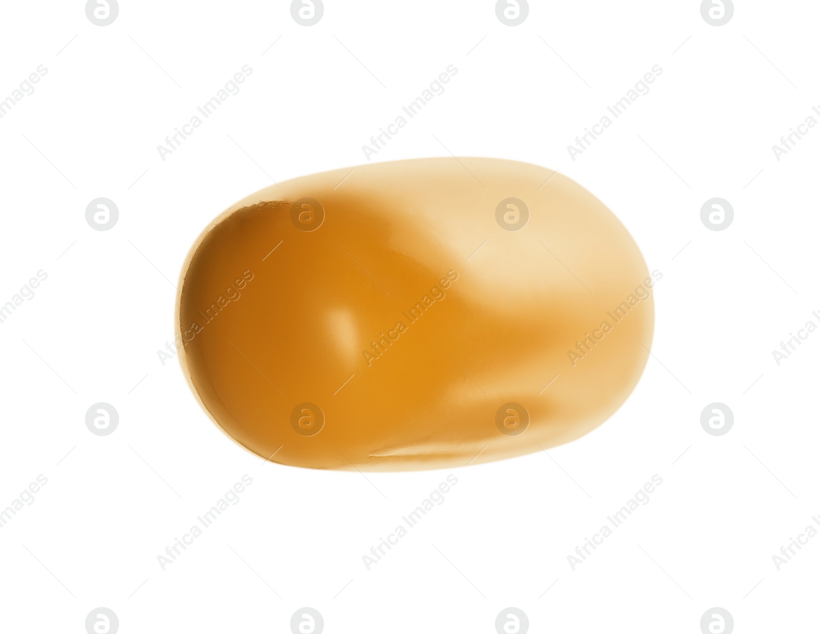 Photo of One light brown pill on white background. Medicinal treatment