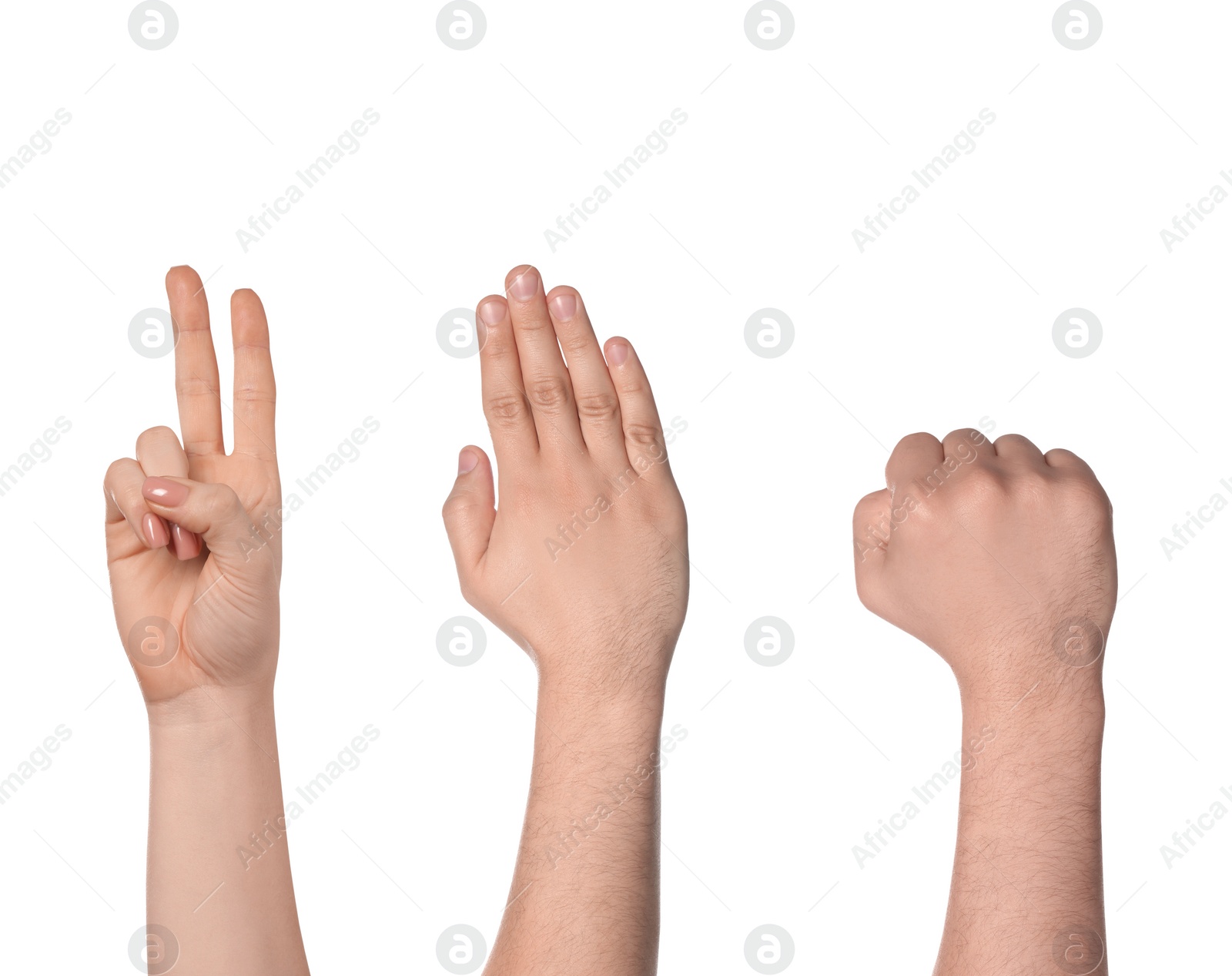 Image of People playing rock, paper and scissors on white background, closeup