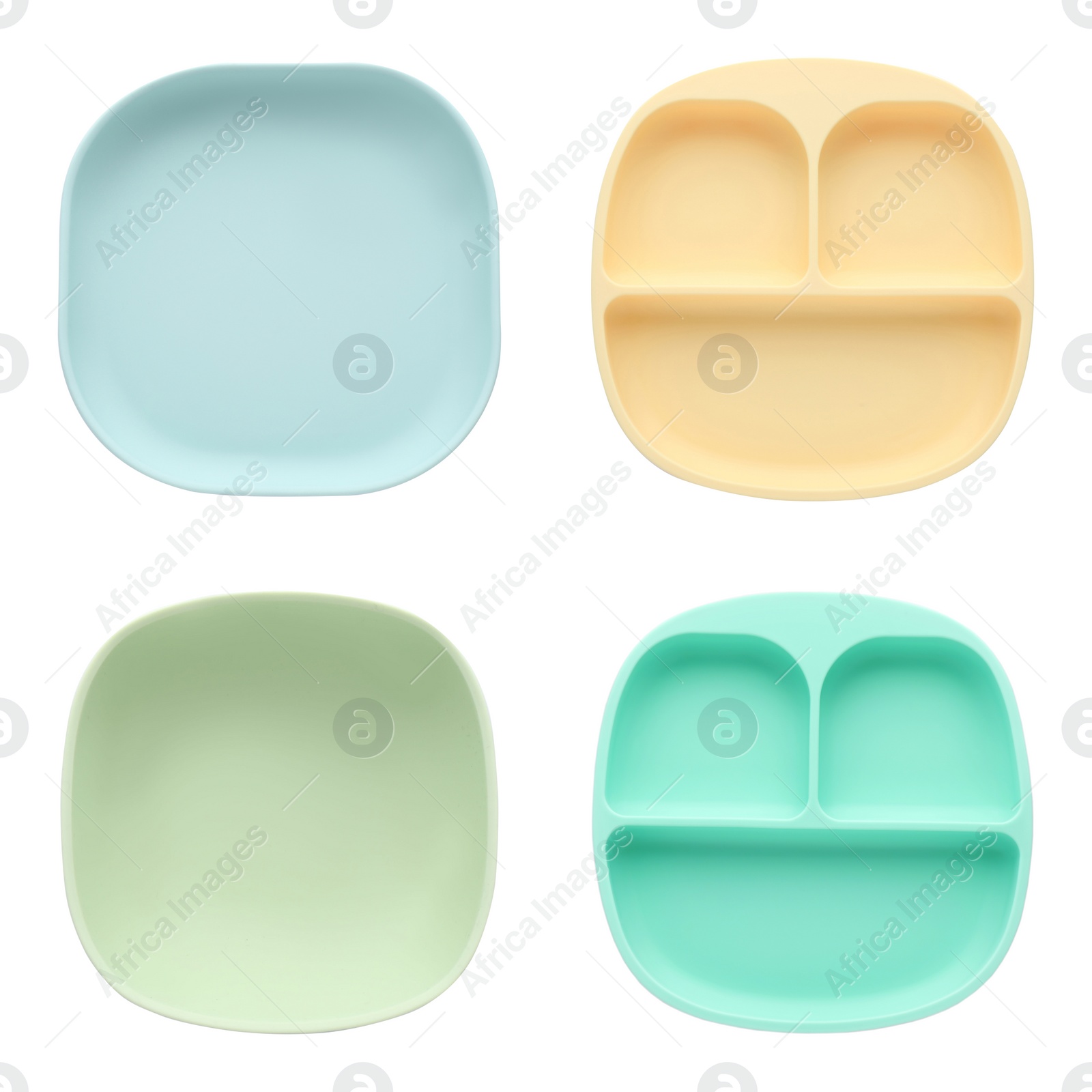 Image of Set with colorful plates on white background, top view. Serving baby food