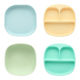 Set with colorful plates on white background, top view. Serving baby food