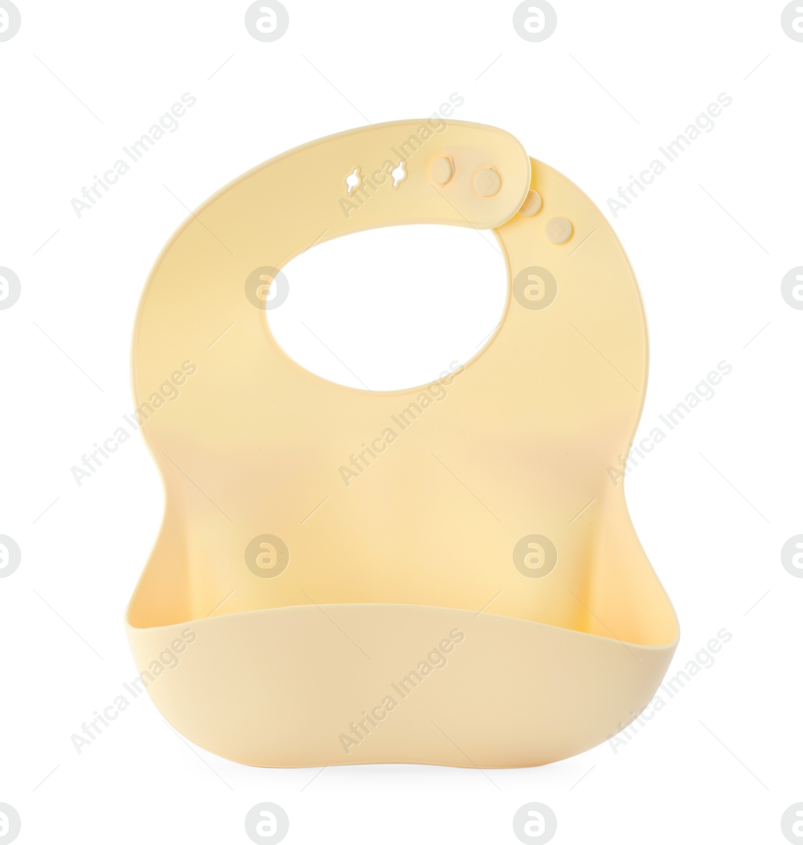 Photo of Yellow silicone baby bib isolated on white