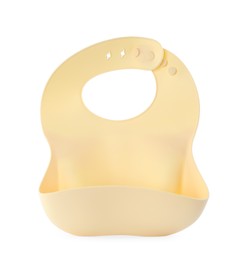 Photo of Yellow silicone baby bib isolated on white