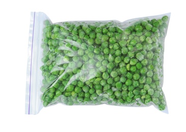 Photo of Plastic bag with frozen peas on white background, top view. Vegetable preservation
